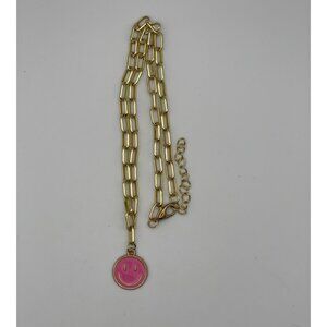 Pink Smiley Face Pedant Gold Tone 16" Paper Clip Chain Necklace